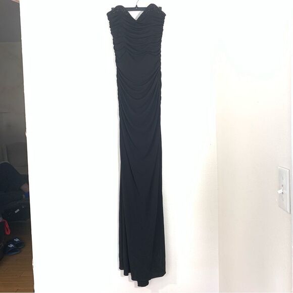 Badgley Mischka Black Ruched Strapless Sweetheart Floor Length Formal Gown Sz 10 - Picture 8 of 12